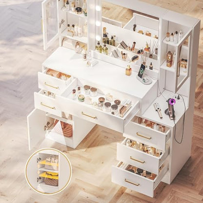 TOKSOM 51" Vanity Desk with Mirror and Lights & Charging Station, Bedroom Dressing Table, Large Vanity Set, 6 Drawers and 2 Cabinets, Makeup Vanity Table with Charging Station, Without Stool - size: 51 inch, style: Modern White