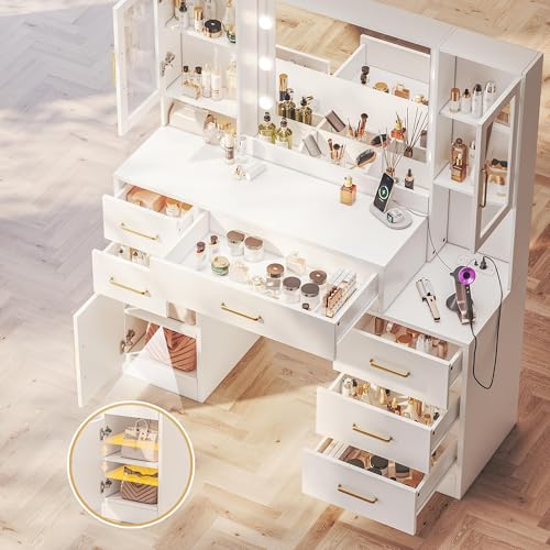 TOKSOM 51" Vanity Desk with Mirror and Lights & Charging Station, Bedroom Dressing Table, Large Vanity Set, 6 Drawers and 2 Cabinets, Makeup Vanity Table with Charging Station, Without Stool - size: 51 inch, style: Modern White