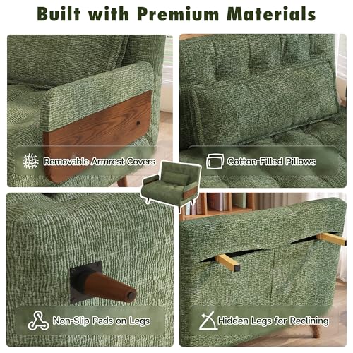 JASIWAY 37" Mid-Century Convertible Sofa Chair Bed Sleeper for Adult, Futon | Space Saving, Sturdy Green Chenille Convertable Guest Bed with Adjustable Backrest, Folding Sofa Chair with Walnut Armrest - color: Mid-century Green, size: 36.6" W Sleeper Chai