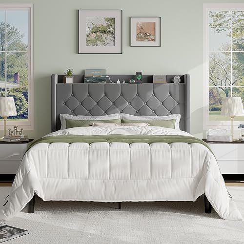 SHA CERLIN Full Size Platform Bed Frame with Charging Station, Velvet Wingback Headboard with Storage Shelf, Wooden Slats Support, Ample Under-Bed Space, No Box Spring Needed, Easy Assembly, Grey - color: Grey, size: Full