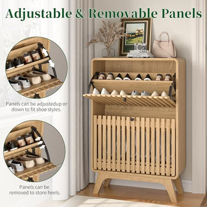Jluomei Narrow Shoe Cabinet Storage for Entryway, Modern Cabinet Rack with 2 Flip Drawers, Slim Wood Fluted Entry Way Shoe Organizer, Wooden, Small, Farmhouse, Freestanding, Natural Oak - color: Natural