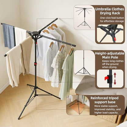Clothes Drying Rack Foldable, Adjustable Height with Fold Button | Stable Tripod Base, Rust-Resistant, Quick Fold Button, Independent Rod Adjustment, Fits 90°/180°/270° Corners