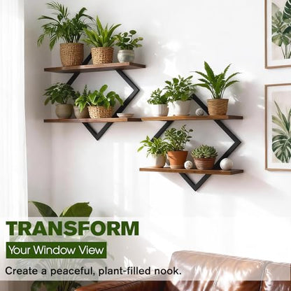 2 Pack Floating Wall Shelves Plant Holders, Brown | For Indoor Plants, Wall Mounted Plant Stand, For Small Plants, Multi-Room Use - color: Rustic Brown-2pack