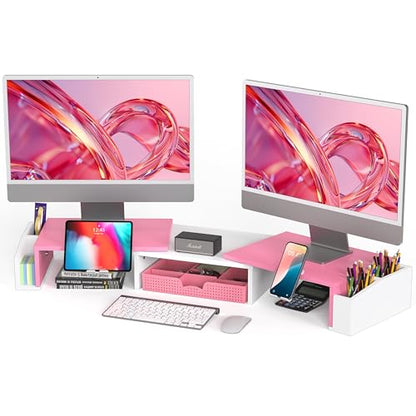 Simple Houseware Desk Dual Monitor Stand Riser with Drawer, Pink | Customizable Organizer Tray, Built-In Phone & Tablet Slot and Side Storage - color: Pink