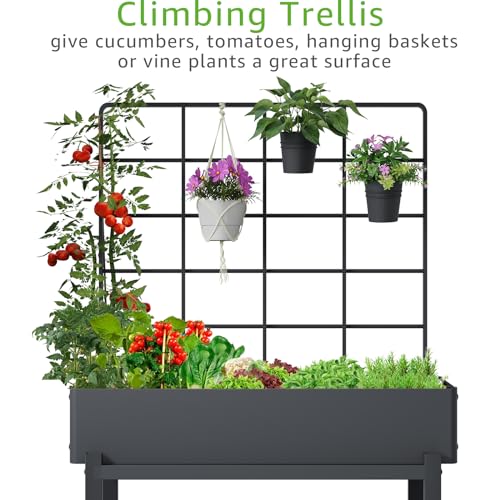 Metal Raised Garden Bed with Trellis & Legs | 2-tier shelf, 3 flower pots, 36" tall no-bend, rust-resistant, ideal for patio, balcony, vegetables, herbs & climbing plants