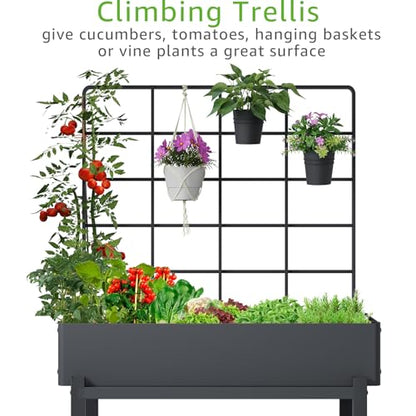 Metal Raised Garden Bed with Trellis & Legs | 2-tier shelf, 3 flower pots, 36" tall no-bend, rust-resistant, ideal for patio, balcony, vegetables, herbs & climbing plants