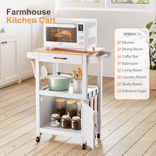 VINGLI Small Kitchen Island on Wheels, Microwave Cart with Drawer & Storage, Barn Door Coffee Station Stand with Hooks & Shelves, Unique White - size: 33"