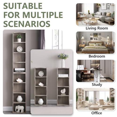 Skinny Tall Bookshelf, 8 Tiers Ultra Slim Bookshelf, Tall Narrow Bookcases, for Living Room, Office, Small Space, Adjustable Shelves, A Wavy Border Design, 11.6'' X 9.3'' X 70.9'' (Gray) - color: Grey