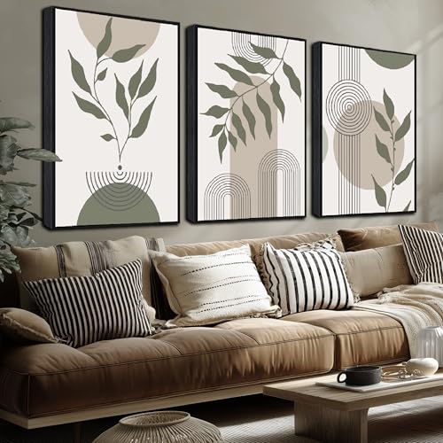 Boho Canvas Wall Art for Bedroom Large Minimalist Wall Decor with Frame | 3 Piece Wall Art for Living Room,Framed Artwork for Walls,Modern Home Office Hotel Hallway Decoration 24 x 36 Inch 3 Panels - color: Green and White, size: 36"x24"x3PCS Framed