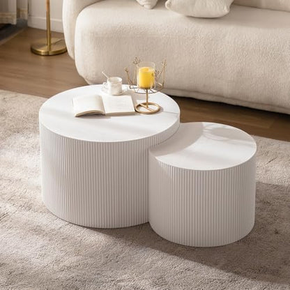 18 inch Round White Fluted Nesting Coffee Table Set of 2, B Small | Spray Painting Finish, For Living Room, Nested Crescent Side Table, Nestable Design, Mid-Century Modern, For Small Spaces - color: White a Small