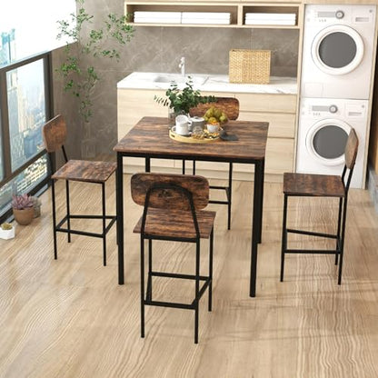 Giantex 5-Piece Dining Table Set W/Counter Height Table & 4 Bar Stools, Industrial Kitchen Dining Set W/Footrest & Backrest, Space-Saving Dinette Set for Pub, Dining Room, Restaurant (Mix Brown) - color: Mix Brown