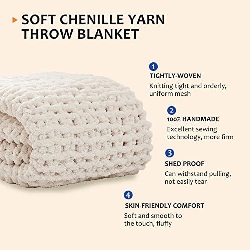 L'AGRATY Chunky Knit Throw Blanket for Couch, 30'' x 40'' Knit Throw, Ivory | Handmade Chenille Crochet Blanket for Sofa Bed, Thick Cable Knitted Blankets for Room Home Decor, Birthday Gift for Women Mom - color: Ivory, size: 30"x40"