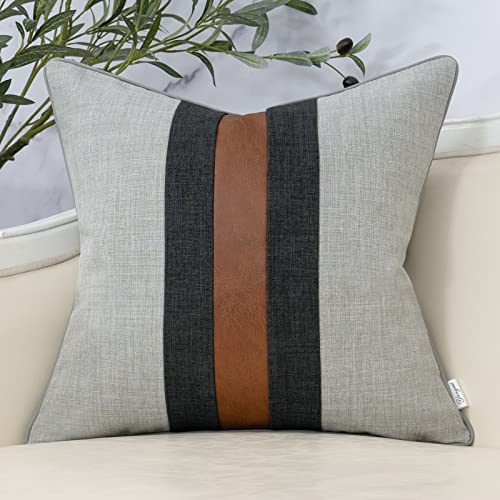 Patchwork Pillow Cover 18x18 Inch Luxury Cotton and Linen Cushion Cover Faux Leather Pillowcover for Couch Bedroom Living Room, Gray - color: L-grey, size: 18" x 18" (Pack of 1)