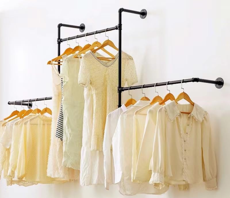 Industrial Pipe Clothing Rack, Wall Garment Rack, Hanging Clothes Rod | Pipe Clothes Rails, Multi-Purpose, Heavy Duty, Space-Saving, Clothes Bar, Organizer, Closet - style: wall clothing rack-3 hanging rods