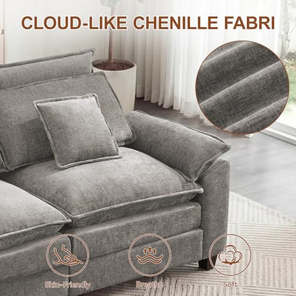 103'' Modular L Shaped Sofa, Cloud Deep Seat Sofa Couch with Ottoman, Detachable Headrest, 3 Seater Sectional Sofas for Living Room, Apartment, Studio, Light Grey - color: Light Grey, size: L Shaped Couch