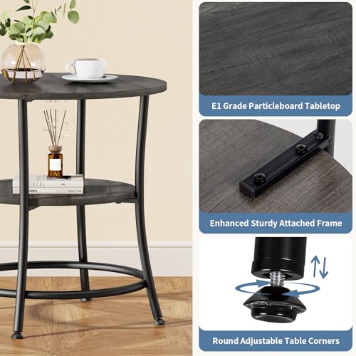 OLIXIS 21.85-Inch Round End Table, 2-Tier Side Table for Living Room, Accent Stand with Storage Shelf, Sturdy Metal Frame Nightstand for Small Space, Round Bedside, Grey Wood Grain - color: Grey Wood Grain
