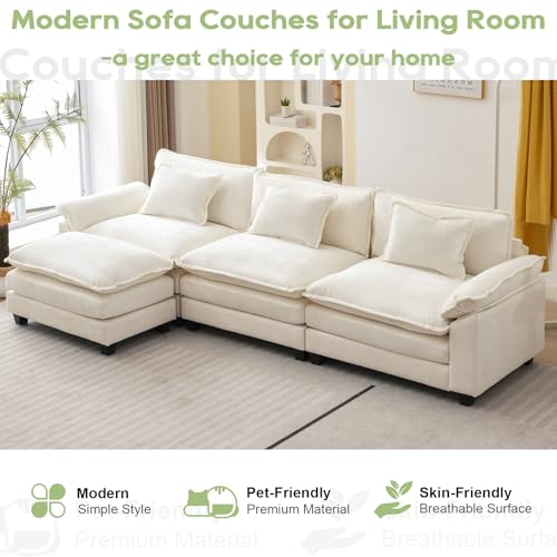 120" Modular Sectional Sofa, Comfy Deep Cloud Couch with Ottoman | L-Shaped Couches for Living Room, Modular Couch, Deep and Wide Seat, Chenille Sofa Sleeper with Throw Pillows, Beige White - color: Beige White, size: 120 Inch L