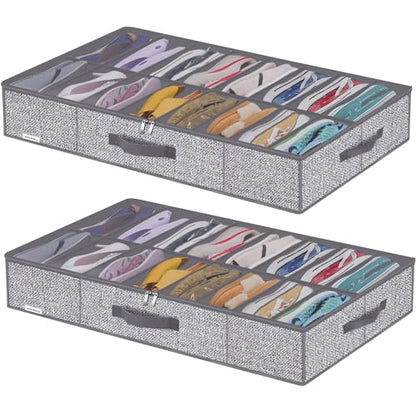 Onlyeasy Sturdy Under Bed Shoe Storage Organizers with Handles & Clear Window (16 to 32 Pairs) 2 Pack, Closet Shoes Containers Boxes for Kids & Adults, 37.7"x23.6"x5.9", Linen-like Grey, MXDUBS16P2 - color: 2 Shoes (16+16 Cells) Linen-like Grey