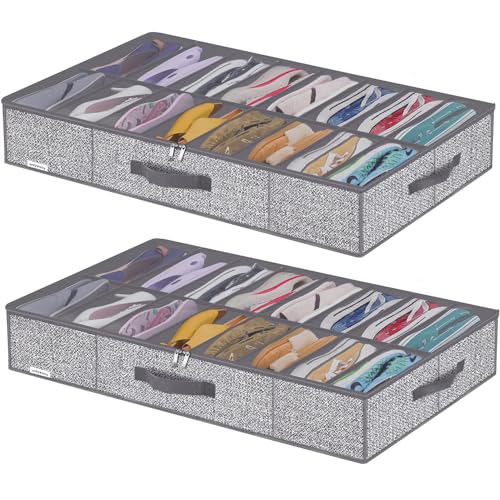 Onlyeasy Sturdy Under Bed Shoe Storage Organizers with Handles & Clear Window (16 to 32 Pairs) 2 Pack, Closet Shoes Containers Boxes for Kids & Adults, 37.7"x23.6"x5.9", Linen-like Grey, MXDUBS16P2 - color: 2 Shoes (16+16 Cells) Linen-like Grey