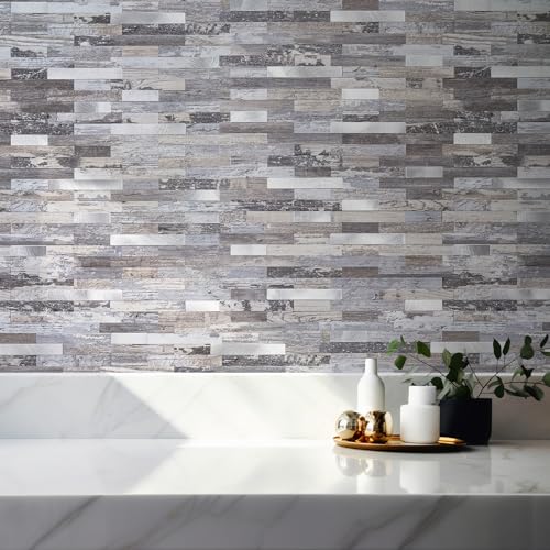 StyloVue 20 Sheets Peel and Stick Backsplash, Distressed Wood with Metal Silver Self Adhesive Wall Tiles Upgrade Your Kitchen Backsplash, RV, Fireplace - color: Distressed Wood With Metal Silver