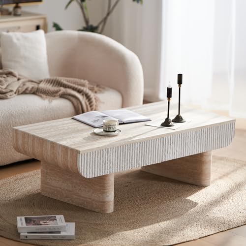 46.85" Coffee Table with Faux Marble Tabletop & Fluted Drawer for Living Room, Modern Rectangular Wooden Centre Table Tea Table for Apartment, Mars Pattern - color: 46.85" Coffee Table With Faux Marble Tabletop,beige