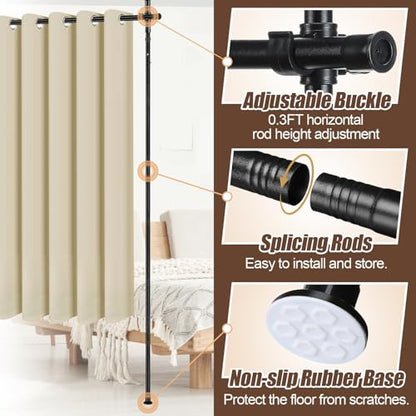 Room Divider Curtain and Rod Set - 6 x 10.2FT Adjustable Wall Divider Rod & Soft Privacy Curtains, Portable Easy to Install Room Separations for Room Blackout