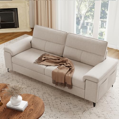 Upvilla 88.97" Modern Couches for Living Room(Beige) | with 8” Cushion, Comfy 2-Seater Chenille Loveseat Sofa with Convertible Armrest, Removable Sofa Cover, High Leg - color: Beige, size: 88.97" Couch