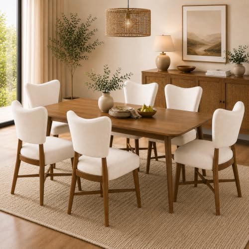 Dining Chairs Set of 6, Linen Upholstered, Solid Wood Legs, Cream | Mid Century Farmhouse, Cross-Brace Reinforced, Padded Cushion, Easy 15-Min Assembly, Kitchen Dining Room - color: Cream, size: Set of 6