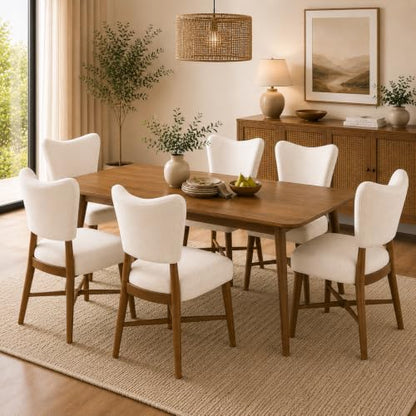 Dining Chairs Set of 6, Linen Upholstered, Solid Wood Legs, Cream | Mid Century Farmhouse, Cross-Brace Reinforced, Padded Cushion, Easy 15-Min Assembly, Kitchen Dining Room - color: Cream, size: Set of 6
