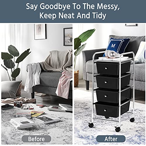 Yaheetech 4-Drawer Rolling Storage Cart with Wheels, Slim Organizer, Black | Four drawers plus a top shelf organize craft to bath gear; slim chrome-steel frame, plastic bins, locking wheels, easy setup. - color: Black, style: 4 Drawers