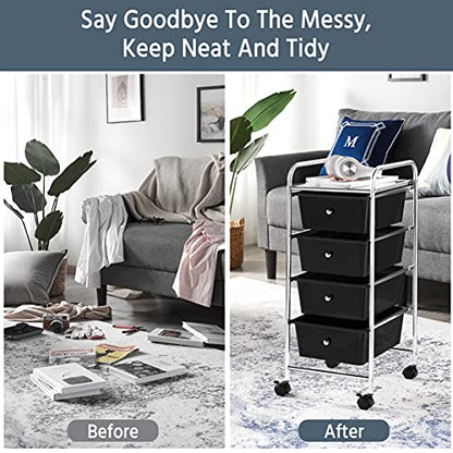 Yaheetech 4-Drawer Rolling Storage Cart with Wheels, Slim Organizer, Black | Four drawers plus a top shelf organize craft to bath gear; slim chrome-steel frame, plastic bins, locking wheels, easy setup. - color: Black, style: 4 Drawers