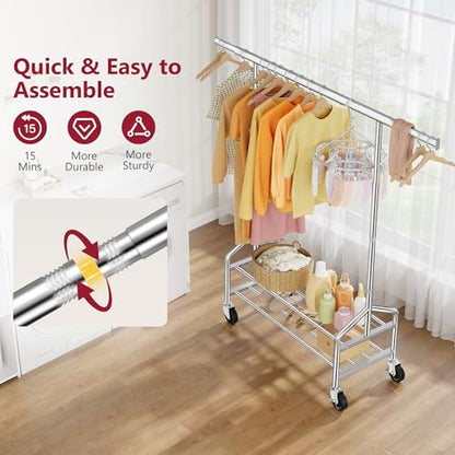 Clothes Rack with 2 Shelves, Heavy Duty Load 350 LBS, Chrome | Rolling Clothing Rack, Adjustable Length and Height, Garment Rack with Wheels for Bedroom, Student Dormitory and Laundry Room - color: Chrome
