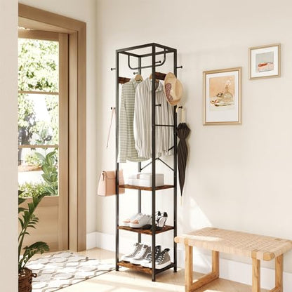 Coat Rack Freestanding, Hall Tree with 3 Shelves and 12 Hooks, Rustic Brown | Industrial Metal Frame, Space-Saving Design, Clothes Rack Stand Organizer for Bedroom, Hallway, Entryway, Office, Living Room - color: Rustic Brown