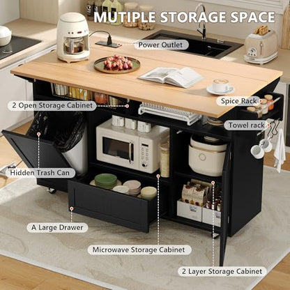 Einhomn 65" Kitchen Island with Drop Leaf, Mobile Island Table for Kitchen with Trash Can Storage, Black - style: Black