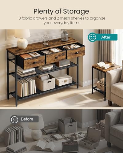 SONGMICS Console Table, Narrow Sofa Table with 2 Mesh Shelves | For Entryway, Living Room, 3 Fabric Drawers, Rustic Brown, BELLAH Collection ULGS098K101 - color: Rustic Brown, size: 11.8"D x 38.9"W x 31"H (3 Drawers)