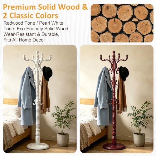 Heavy Duty Coat Rack Stand Freestanding Coat Tree for Small Space,mahogany | Birch Wood Main Pole,Multifunctional,14 Hooks and 1 Round Base,for Hallway,Bedrooms,3 Height Adjustable(48.8-72.3") - color: Mahogany