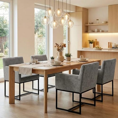 Faux Leather Upholstered Dining Chairs with Arms Set of 2, Mid Century Modern Padded Kitchen Chair with Black Metal Frame for Restaurant, Dining Room, Grey - color: Grey