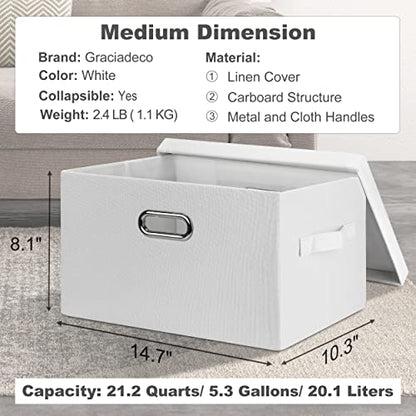 Graciadeco Medium 15" 21 Quart Collapsible Stackable Storage Bins with Lids, 1 Pack White Foldable Fabric Closet Storage Boxes with Lids, 4 Handles Heavy-duty Linen Cube Baskets for Bedroom | 21 Quart 1 Pack White Collapsible Stackable Linen Fabric 4 Hand