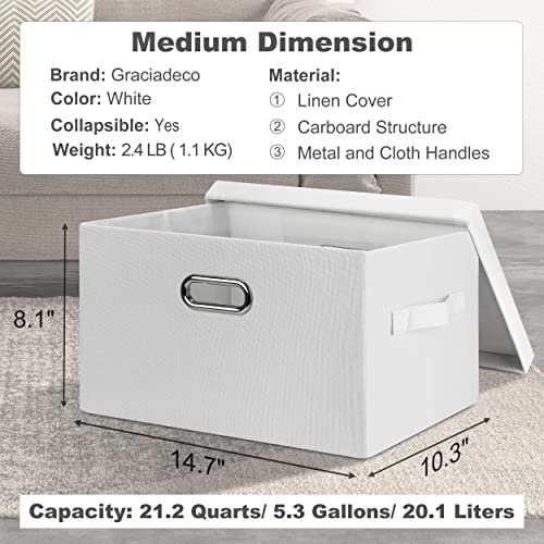 Graciadeco Medium 15" 21 Quart Collapsible Stackable Storage Bins with Lids, 3 Packs White Foldable Fabric Closet Boxes Heavy-duty Linen Cube Baskets Container for Bedroom Office (15 x 11 x 8) | 21 Quart 3 Pack White Collapsible Stackable Linen Fabric 4 H