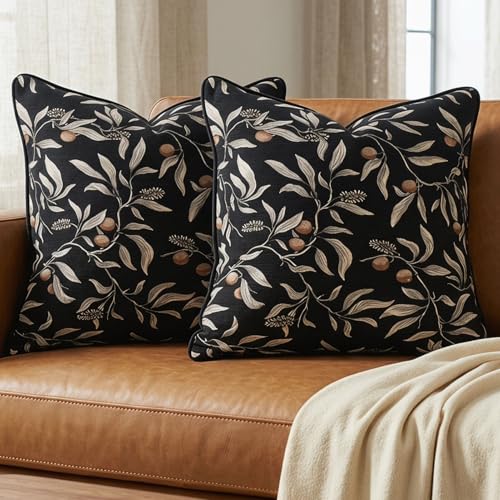 Black Vintage Floral Pillow Covers 18x18 Inch Set of 2, Cotton Plant Throw Pillow Decorative Cover Square Farmhouse Decorative Pillow Cover for Couch Living Room Bedroom - color: Black, size: 18" x 18" (Pack of 2)