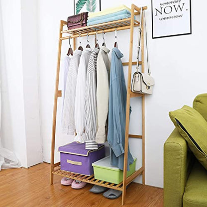 Ufine Bamboo Clothes Hanging Rack with 2 Tier Storage Shelves, 2 Coat Hooks | Portable Laundry Rack Closet Organizer Garment Rack for Bedroom Guest Room - size: 2 Tier