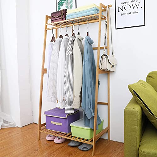 Ufine Bamboo Clothes Hanging Rack with 2 Tier Storage Shelves, 2 Coat Hooks | Portable Laundry Rack Closet Organizer Garment Rack for Bedroom Guest Room - size: 2 Tier