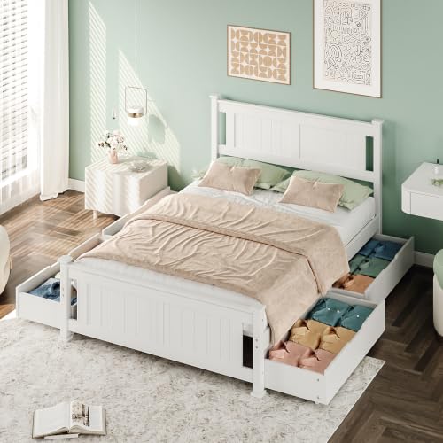 VINGLI Full Size Solid Wood Bed with 4 Storage Drawers and Headboard,Modern Minimalist Panel Platform Bed for Kids,Adults & Guests,Sleigh Bed, White - size: Full