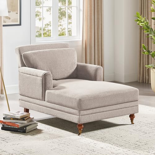 57.48'' Chaise Lounge Chair with Adjustable Backrest, Terry Camel | Chaise Lounge Chair Indoor, Modern Chaise Lounge Couch, Upholstered Leisure Recliner for Living Room, Apartment, Bedroom - color: Camel Terry