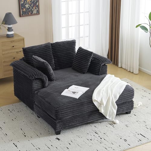 VINGLI 56" Oversized Chaise Lounge Chair, Dark Grey Comfy Corduroy Chaise Sofa Recliner Bed Upholstered Sleeper Couch Bed with Throw Pillows and Armrests for Living Room, Movie Room, Bedroom - color: Dark Grey, style: Modern