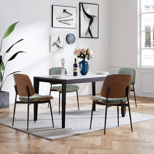 LUNLING Dining Chairs Set of 4 Mid Century Modern Retro Faux Leather Chair with Walnut Bentwood Upholstered Seat Metal Legs Chairs,Adjustable Foot for Kitchen Dining Room Chairs(Green) - color: Green, size: Set of 4