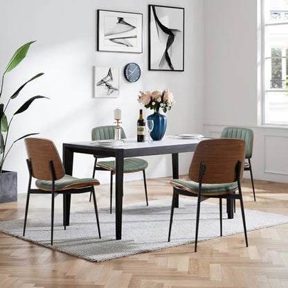 LUNLING Dining Chairs Set of 4 Mid Century Modern Retro Faux Leather Chair with Walnut Bentwood Upholstered Seat Metal Legs Chairs,Adjustable Foot for Kitchen Dining Room Chairs(Green) - color: Green, size: Set of 4