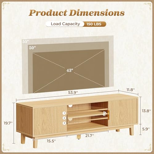 54 Inch Fluted TV Stand for TVs Up to 55, 60 Inch, Mid Century Modern Entertainment Center with Storage, TV Console with Adjustable Shelves, Midea Console for Living Room Bedroom, Beige - color: Nature