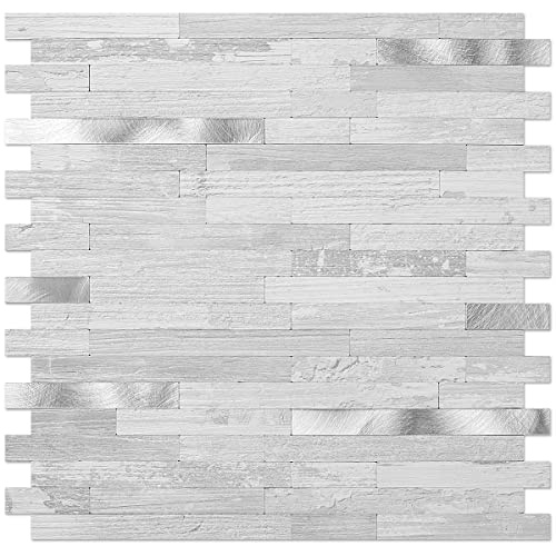 DICOFUN 10-Sheet Peel and Stick Backsplash Tile, White Birch PVC Mixed Metal Stick on Backsplash Tiles for Kitchen, 9.4 sq.ft - color: White Birch and Metal Silver, size: 10 Sheets, 12’’x12’’x0.12’’