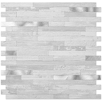 DICOFUN 10-Sheet Peel and Stick Backsplash Tile, White Birch PVC Mixed Metal Stick on Backsplash Tiles for Kitchen, 9.4 sq.ft - color: White Birch and Metal Silver, size: 10 Sheets, 12’’x12’’x0.12’’